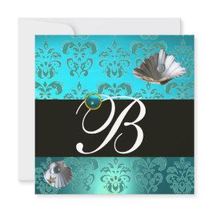 BLUE AQUAMARINE DAMASK BEACH WEDDING MONOGRAM