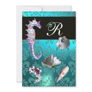 BLUE AQUAMARINE DAMASK BEACH WEDDING MONOGRAM