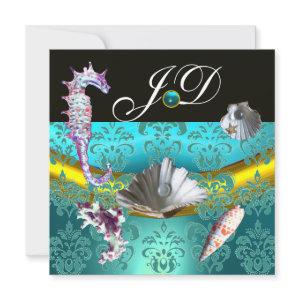 BLUE AQUAMARINE DAMASK BEACH WEDDING MONOGRAM
