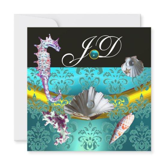 BLUE AQUAMARINE DAMASK BEACH WEDDING MONOGRAM