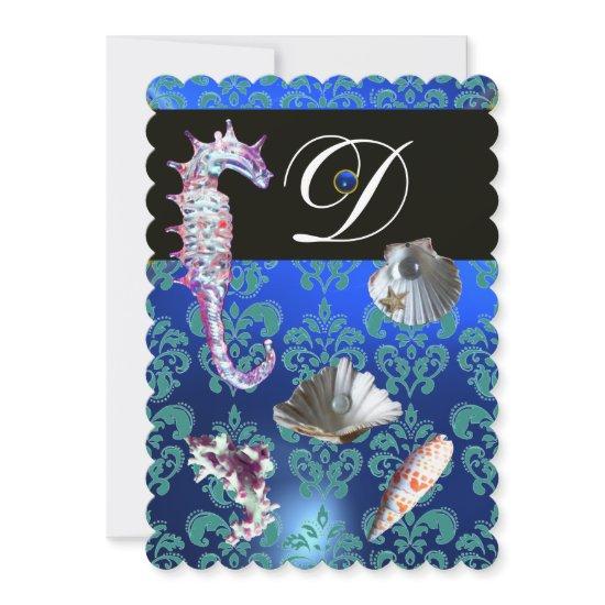 BLUE AQUAMARINE DAMASK BEACH WEDDING MONOGRAM