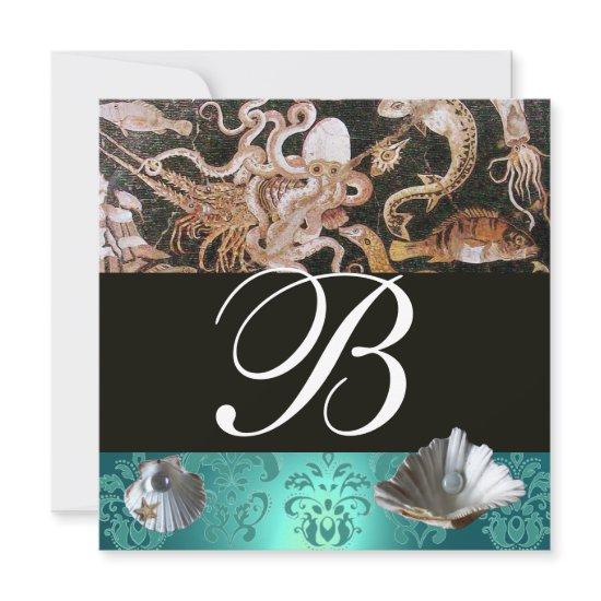 BLUE AQUAMARINE DAMASK BEACH WEDDING MONOGRAM
