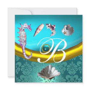BLUE AQUAMARINE DAMASK BEACH WEDDING MONOGRAM