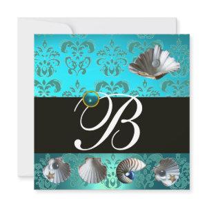 BLUE AQUAMARINE DAMASK BEACH WEDDING MONOGRAM