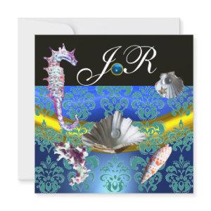 BLUE AQUAMARINE DAMASK BEACH WEDDING MONOGRAM