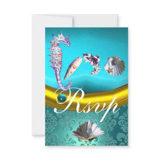 BLUE AQUAMARINE DAMASK BEACH WEDDING MONOGRAM RSVP CARD