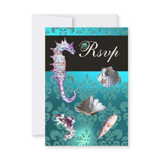 BLUE AQUAMARINE DAMASK BEACH WEDDING RSVP