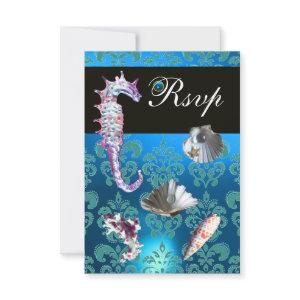 BLUE AQUAMARINE DAMASK BEACH WEDDING RSVP