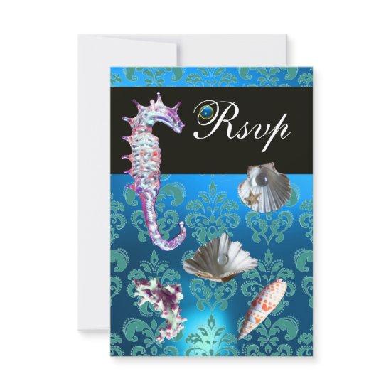 BLUE AQUAMARINE DAMASK BEACH WEDDING RSVP