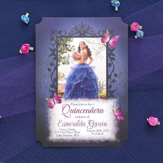 Blue, Berry Pink Butterflies Quinceanera