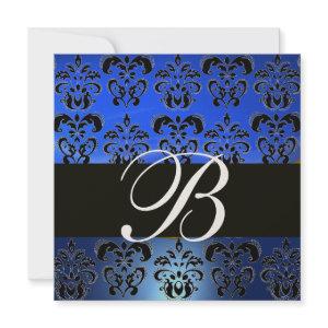BLUE BLACK  DAMASK MONOGRAM , Bright Gold White
