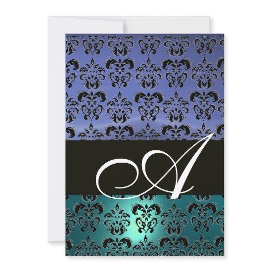 BLUE BLACK  DAMASK MONOGRAM ,bright white