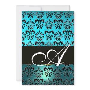 BLUE BLACK  DAMASK MONOGRAM ,bright white turquase