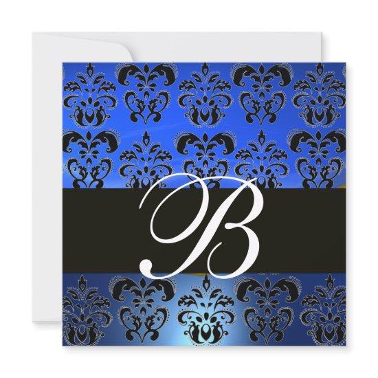 BLUE BLACK  DAMASK MONOGRAM , white