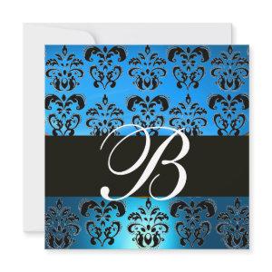 BLUE BLACK  DAMASK MONOGRAM , white