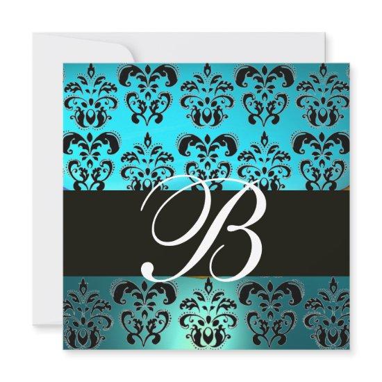 BLUE BLACK  DAMASK MONOGRAM , white turquase