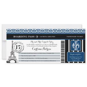 Blue Black Damask Quinceanera Paris Boarding Pass