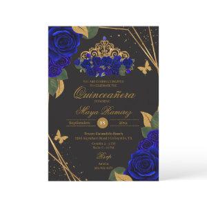 Blue Black Roses Tiara Gold Glitter Quinceañera