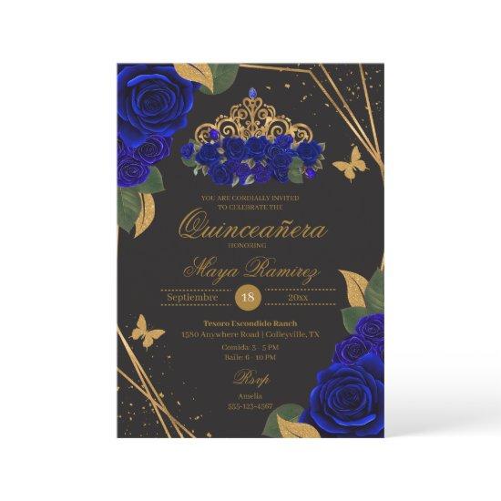 Blue Black Roses Tiara Gold Glitter Quinceañera