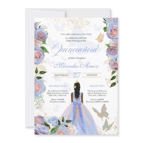 Blue & Blush Pink Roses Butterfly Quinceanera