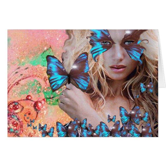 BLUE BUTTERFLY IN PINK GREEN GOLD SPARKLES