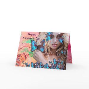 BLUE BUTTERFLY IN PINK GREEN GOLD SPARKLES CARD