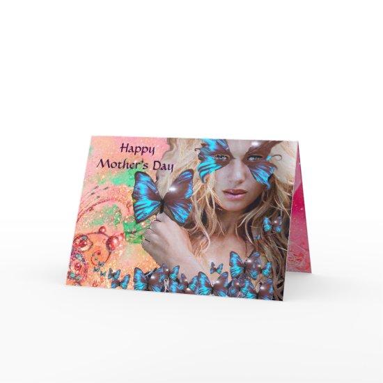 BLUE BUTTERFLY IN PINK GREEN GOLD SPARKLES CARD