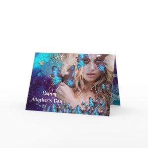 BLUE BUTTERFLY IN TEAL GREEN GOLD SPARKLES CARD