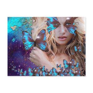 BLUE BUTTERFLY IN TEAL GREEN GOLD SPARKLES POSTCARD