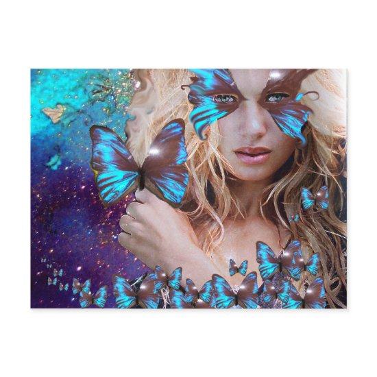 BLUE BUTTERFLY IN TEAL GREEN GOLD SPARKLES POSTCARD
