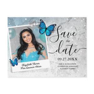 Blue Butterfly Quinceanera Photo Save the Date Announcement Postcard