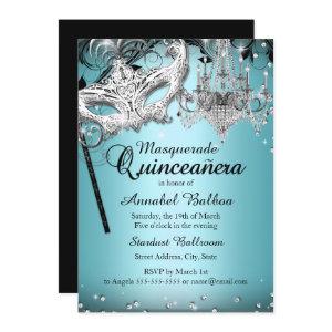 Blue Chandelier Masquerade Quinceanera Invite