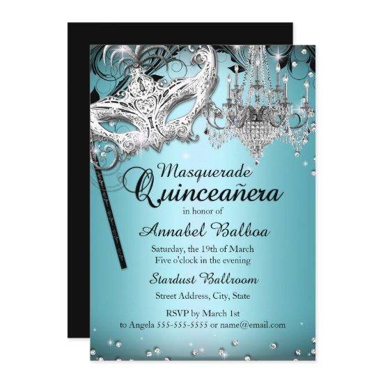 Blue Chandelier Masquerade Quinceanera Invite