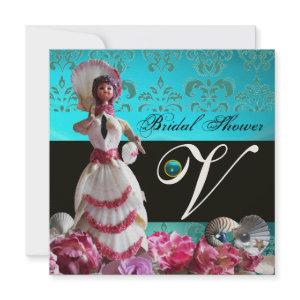 BLUE DAMASK BEACH WEDDING - BRIDAL SHOWER MONOGRAM