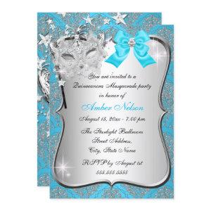Blue Damask Mask Quinceanera Masquerade Invite