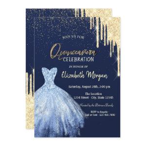 Blue Dress Gold Glitter Drip Quinceañera