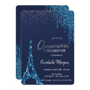 Blue Drips Confetti,Eiffel Tower Quinceañera