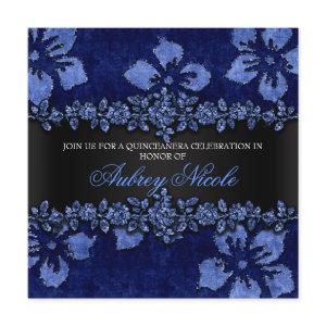 Blue Faux Glitter & Velvet Floral Quinceanera