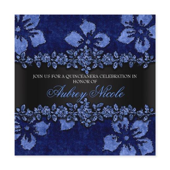 Blue Faux Glitter & Velvet Floral Quinceanera
