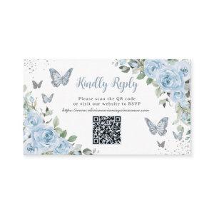Blue Floral Butterflies Quinceañera QR Code RSVP Enclosure Card