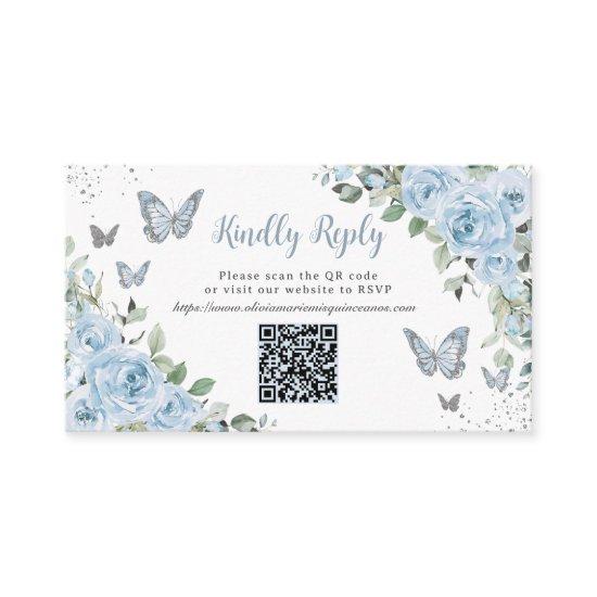 Blue Floral Butterflies Quinceañera QR Code RSVP Enclosure Card