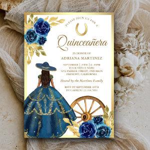 Blue Floral Dress Charro Western Gold Quinceanera