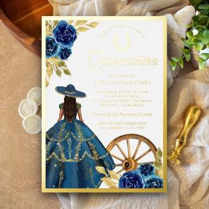 Blue Floral Dress Charro Western Quinceanera Gold Foil