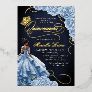 Blue Floral Dress Quinceañera Foil