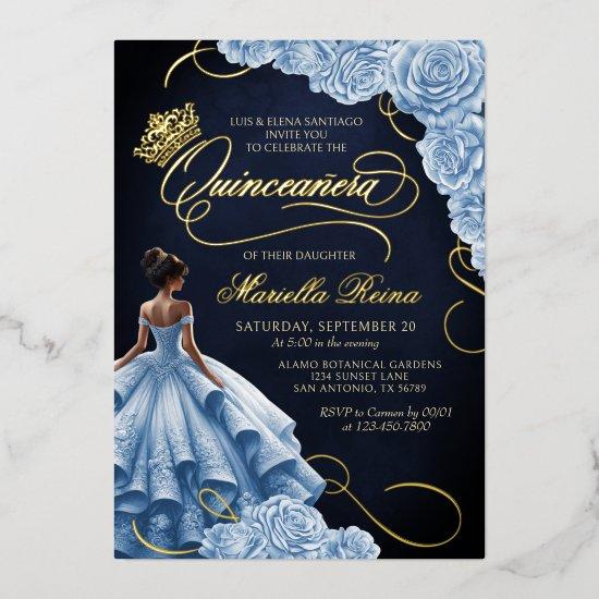 Blue Floral Dress Quinceañera Foil