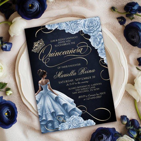 Blue Floral Dress Quinceañera