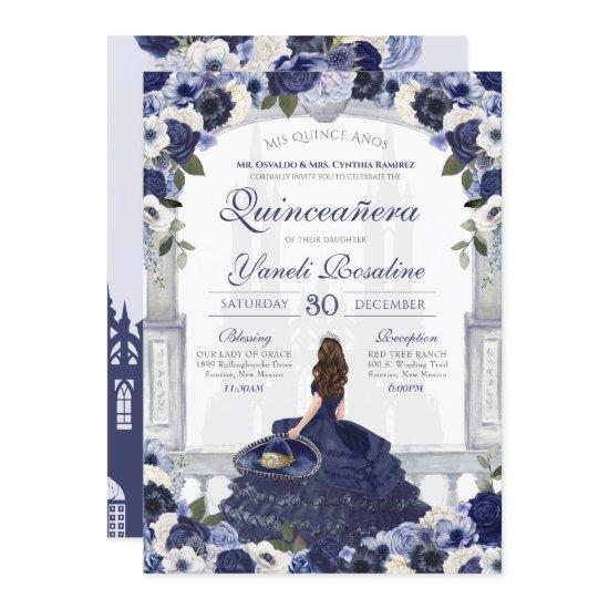 Blue Floral Elegant Charro Princess Quinceanera
