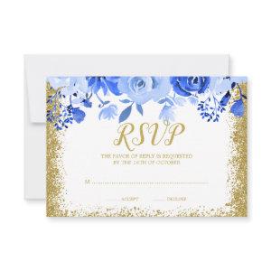 Blue Floral Faux Gold Glitter Quinceanera RSVP Card