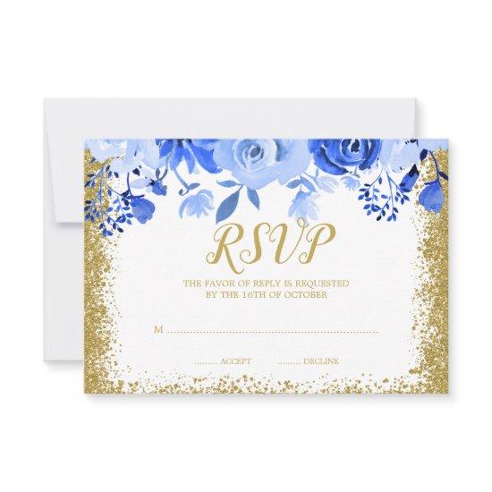 Blue Floral Faux Gold Glitter Quinceanera RSVP Card