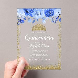 Blue Floral Faux Gold Glitter Tiara Quinceanera Acrylic